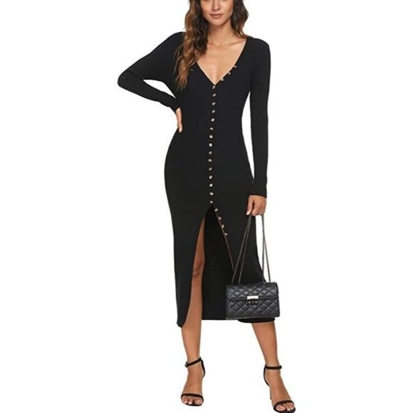 Black Deep V Neck Button Down Long Knit Bodycon Dress / Long Sleeve  Siz… - Picture 4 of 16